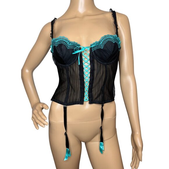 Y2K Grungy Black & Turquoise Bustier Corset Garters 32B - Picture 4 of 7